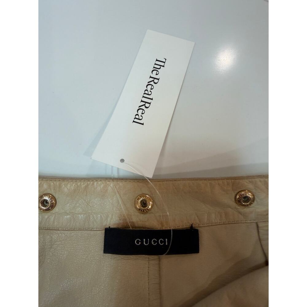 Vtg Gucci Leather Mini A Line Skirt Sz 2 4 Tan Beige Designer Gold Snap Front - Picture 4 of 11